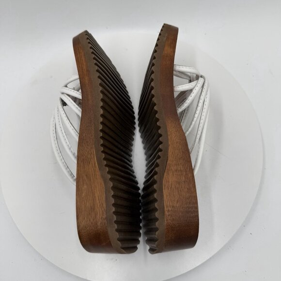 Vintage 90s Y2K Bongo Wood Platform Wedge Heels White Leather Thong Sandals Sz 6 - Picture 4 of 8